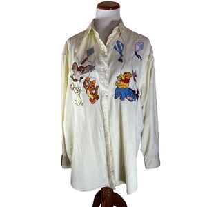 Womens Vtg Disney Winnie the Pooh & Friends Embroidered Button Up Shirt Cream